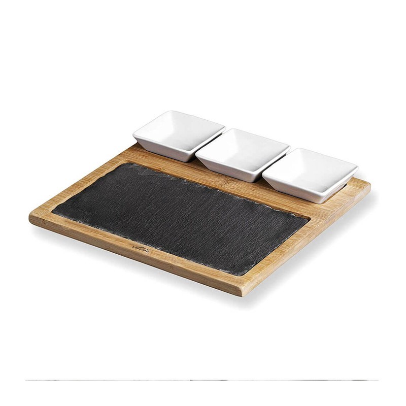 Ardoise à apéritif et planchette en bambou avec 3 bols pour sauce 280x280x15mm