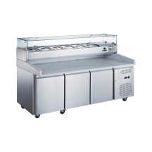 Table à pizza refrigérée 3 portes avec 6 tiroirs neutre avec vitrine refrigérée GN1/4 l1900 vitre plat longeur 1900mm